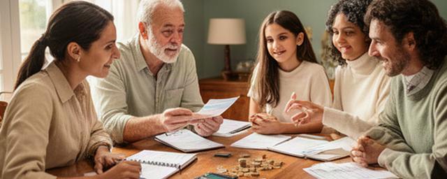 Familia de Pontevedra revisando sus gastos y objetivos de jubilación en la mesa de su hogar